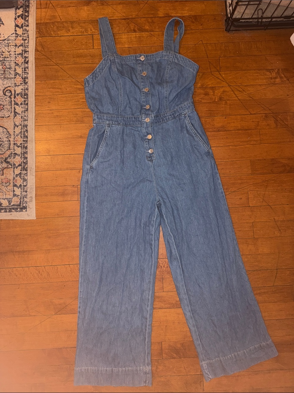 Denim Button-Front Wide-Leg Jumpsuit - Blue